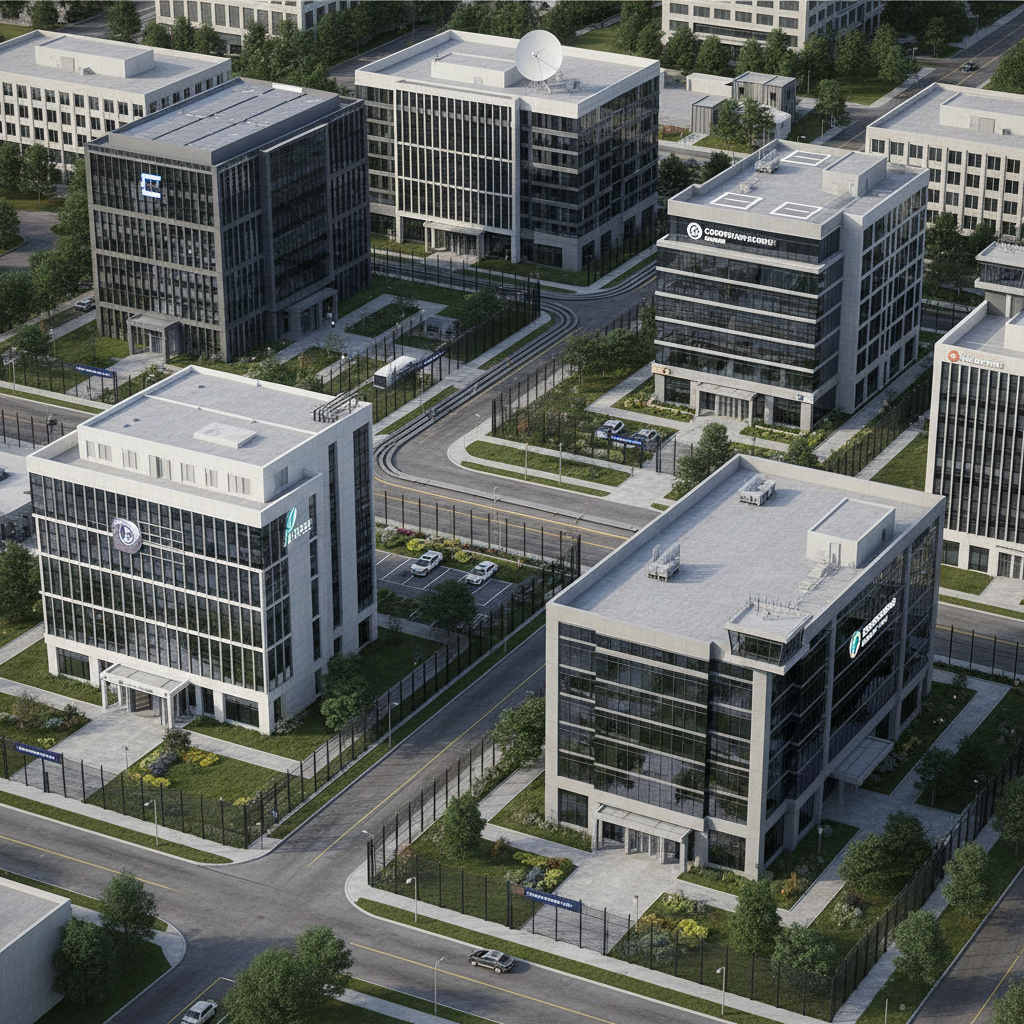 Aerial drone view of a multi-building corporate campus with landscaped courtyards between towers