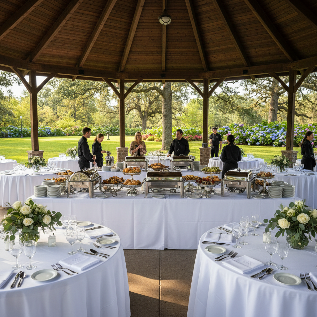 Outdoor park pavilion transformed into a catering setup with chafing dishes and decorated tables
