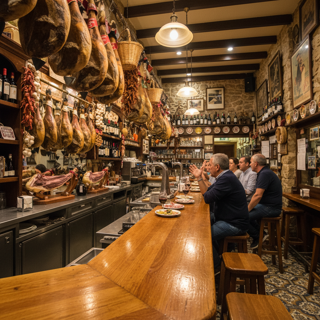 Spanish pintxos bar with colorful tapas on a wooden counter, warm amber bar lighting
