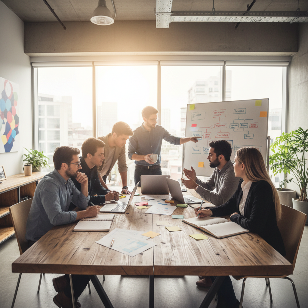 Diverse startup team collaborating around a table with laptops and whiteboards in a bright modern office