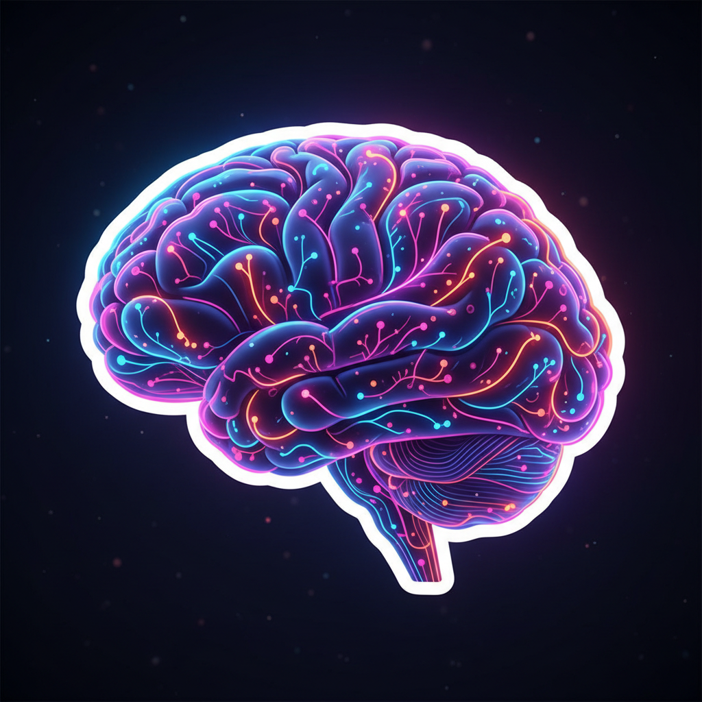 Abstract digital brain visualization with glowing connections on dark background