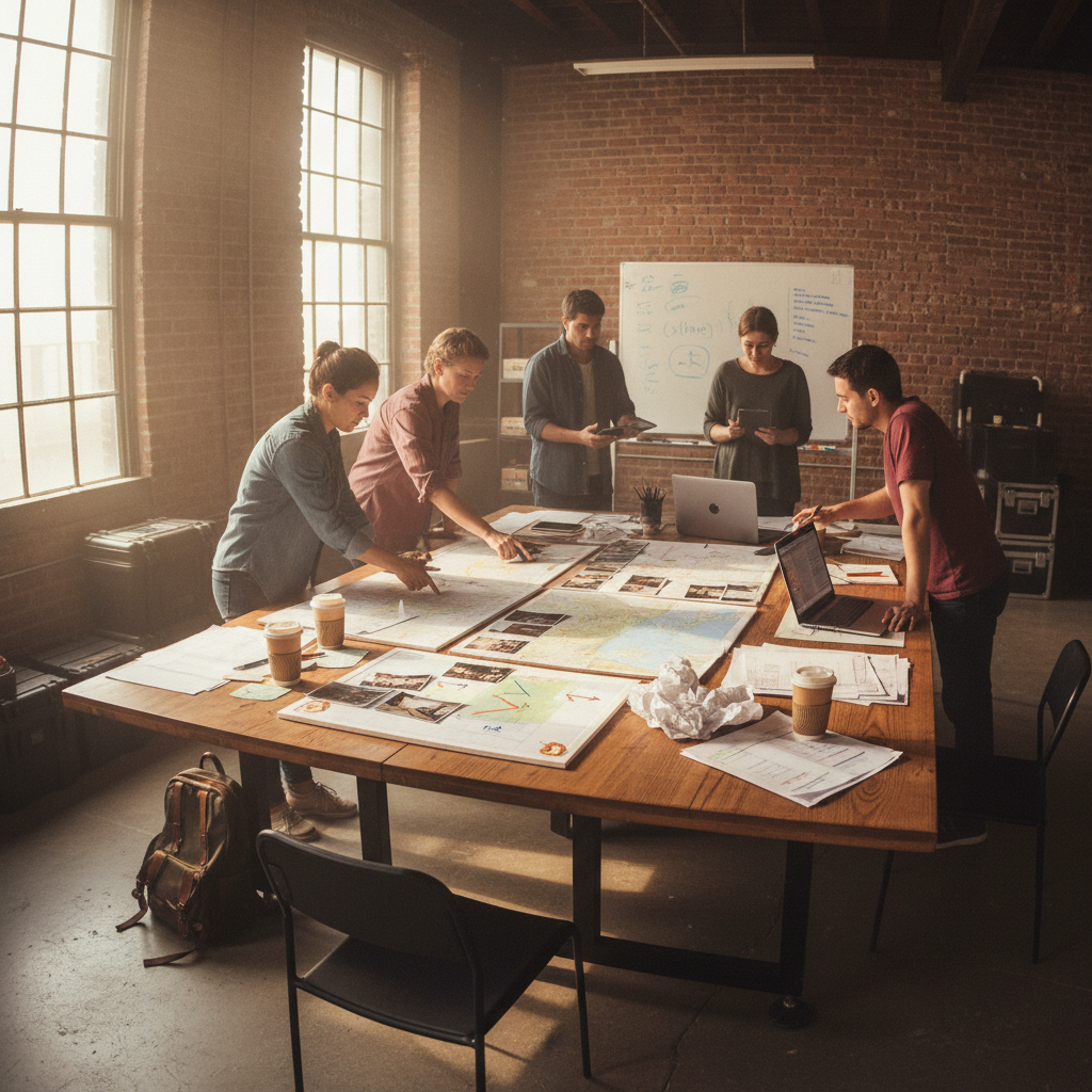 Storyboard and script spread on dark desk with dramatic side lighting, pre-production planning documents in cinematic setting