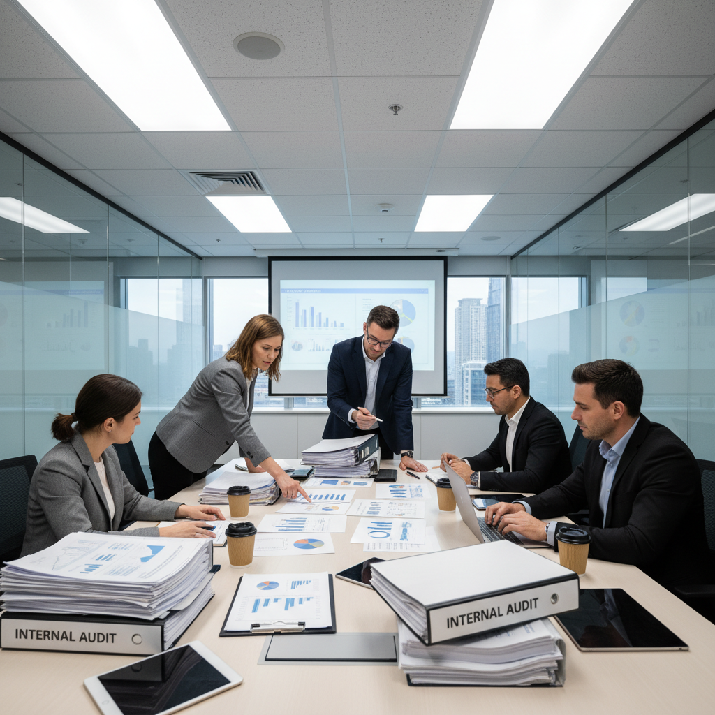 Professional contractor reviewing business documents at modern office desk with laptop and charts