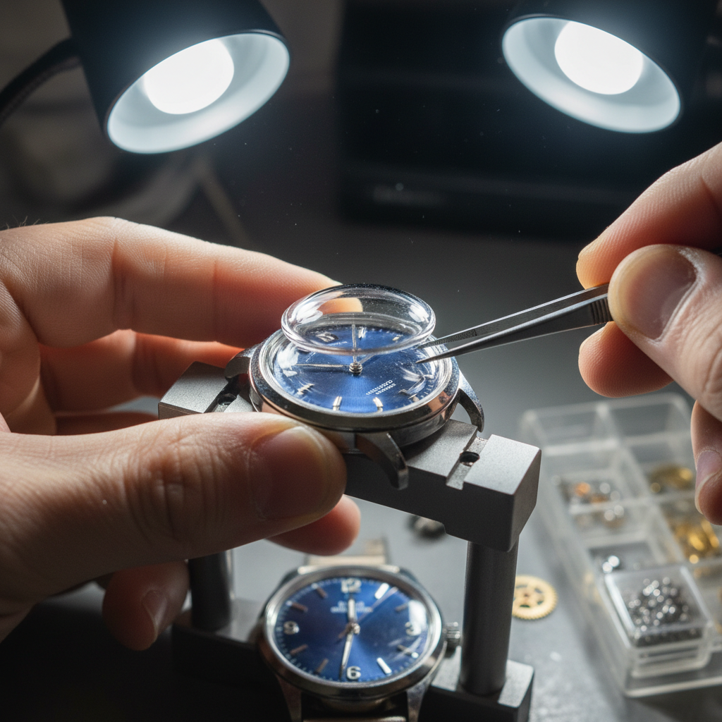 Watchmaker replacing crystal on vintage watch under loupe