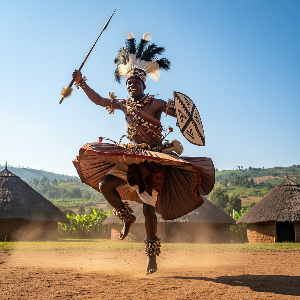Contestant in traditional Rwandan costume on illuminated stage