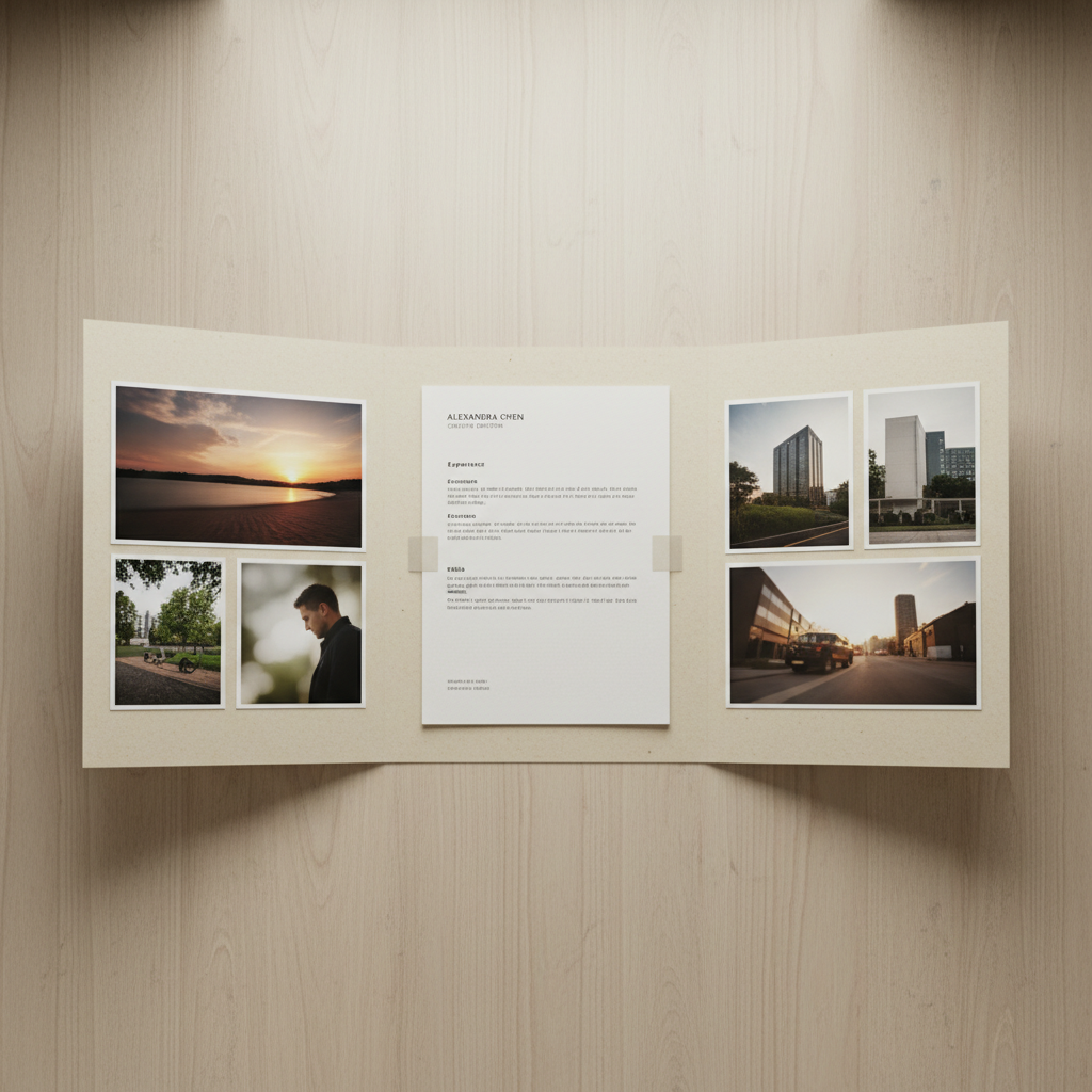 Tri-fold portfolio mailer spread open on a desk showing photography samples alongside résumé