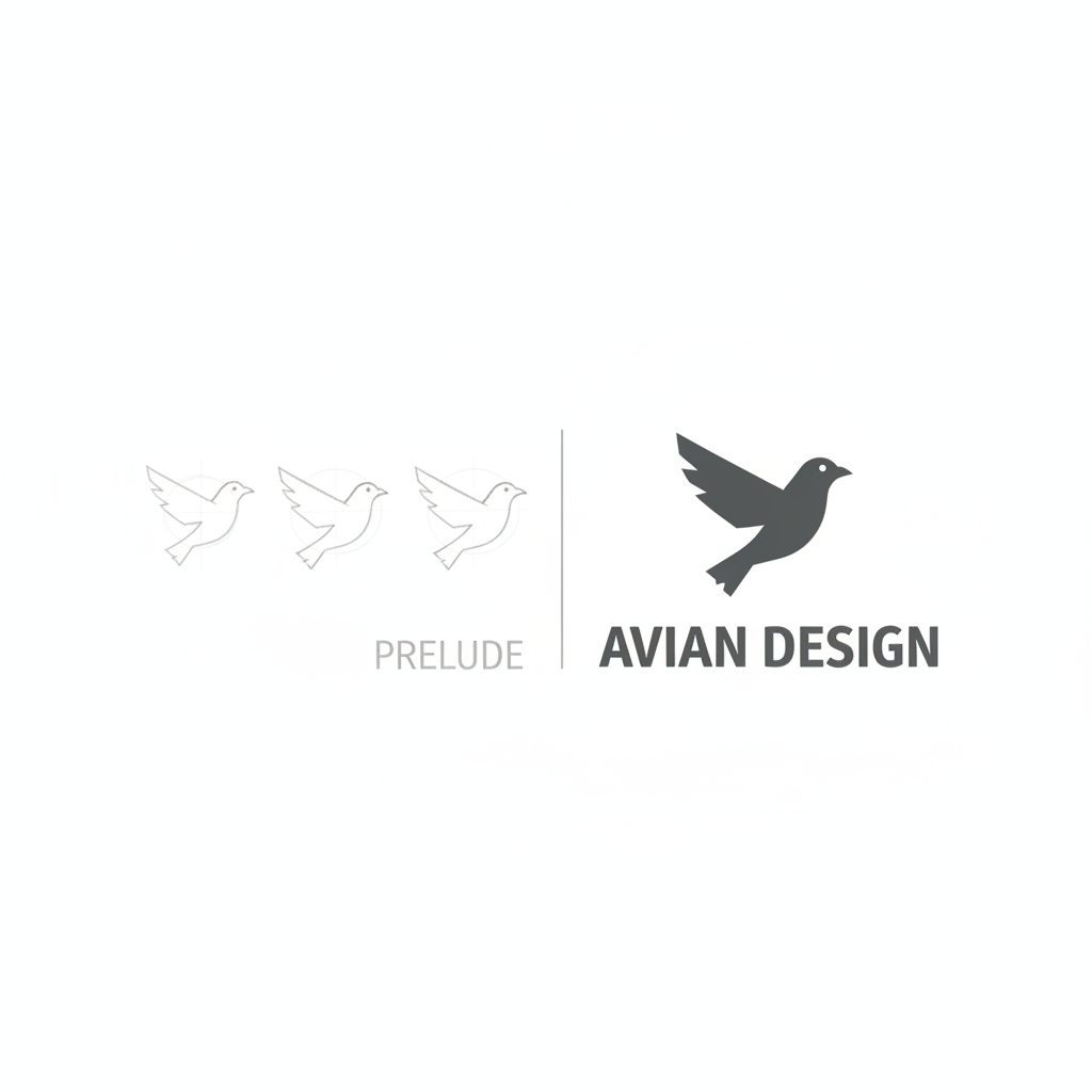 Logo design sketches and final mark on white background, minimal clean composition
