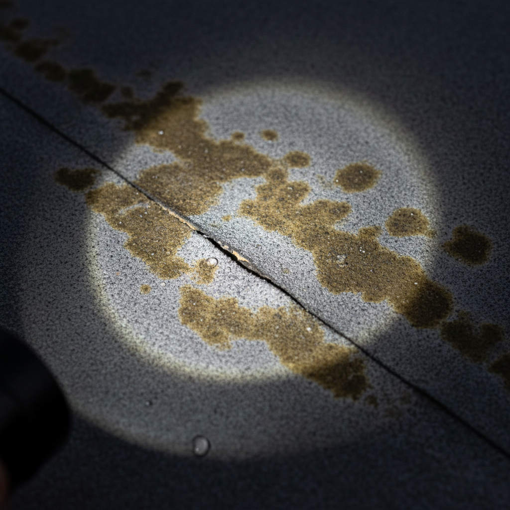 Close-up of commercial roof membrane with visible seam separation and water staining under inspector flashlight