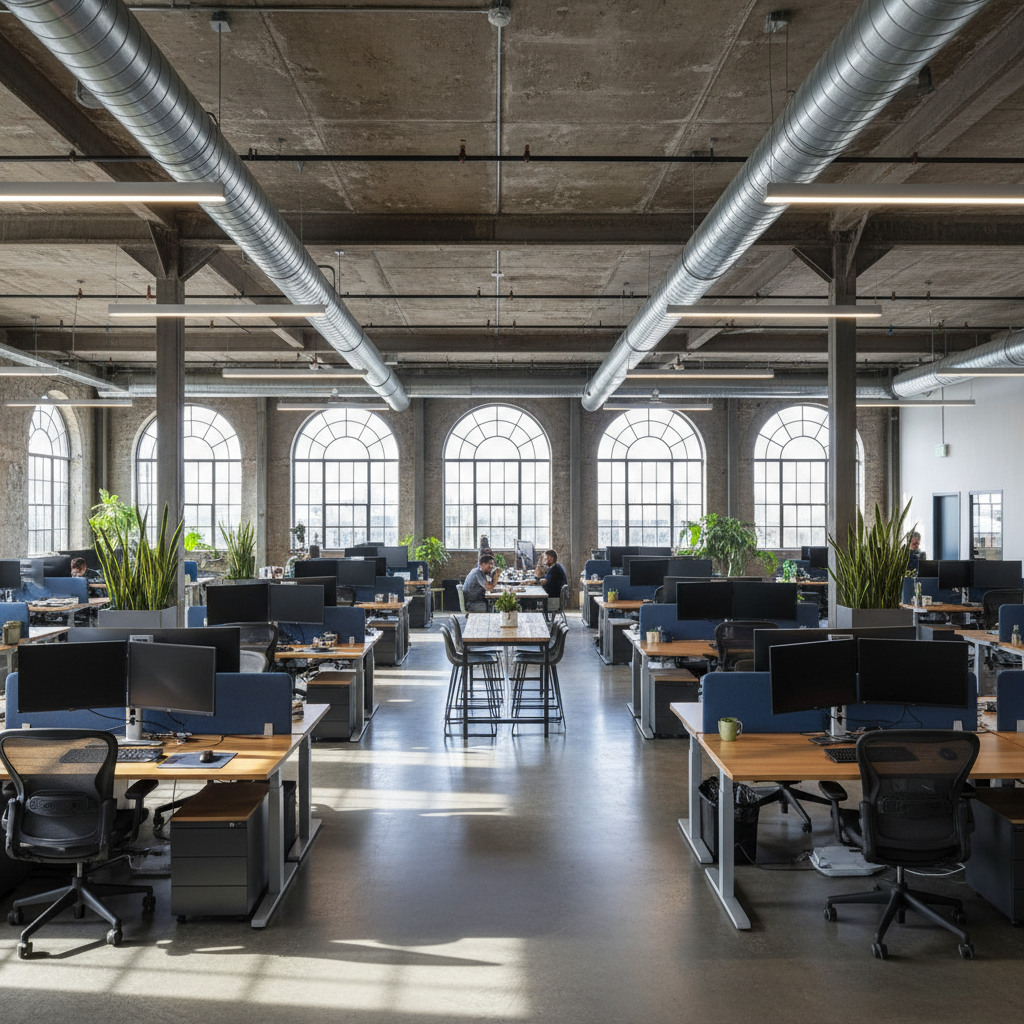 Industrial coworking space with concrete floors, exposed ducts, and rows of ergonomic workstations