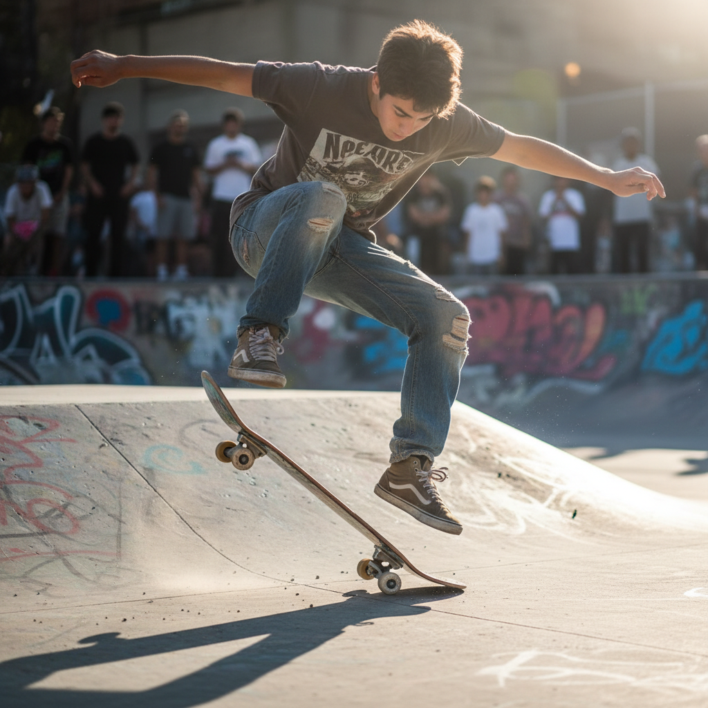 Teen skater attempting a single Lutz jump with shaky landing