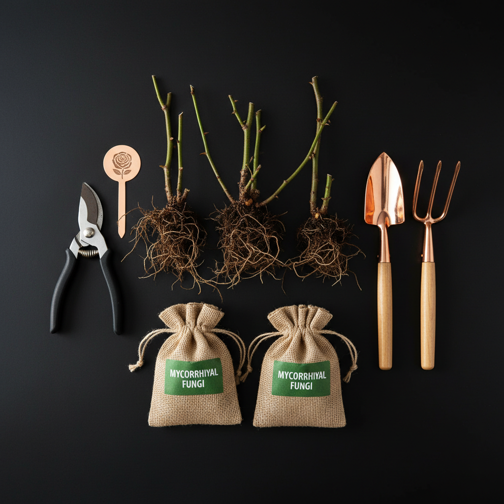 Overhead flat-lay of rose growing supplies: bare-root roses, pruners, mycorrhizal fungi bags, and copper-tipped tools on obsidian seamless paper
