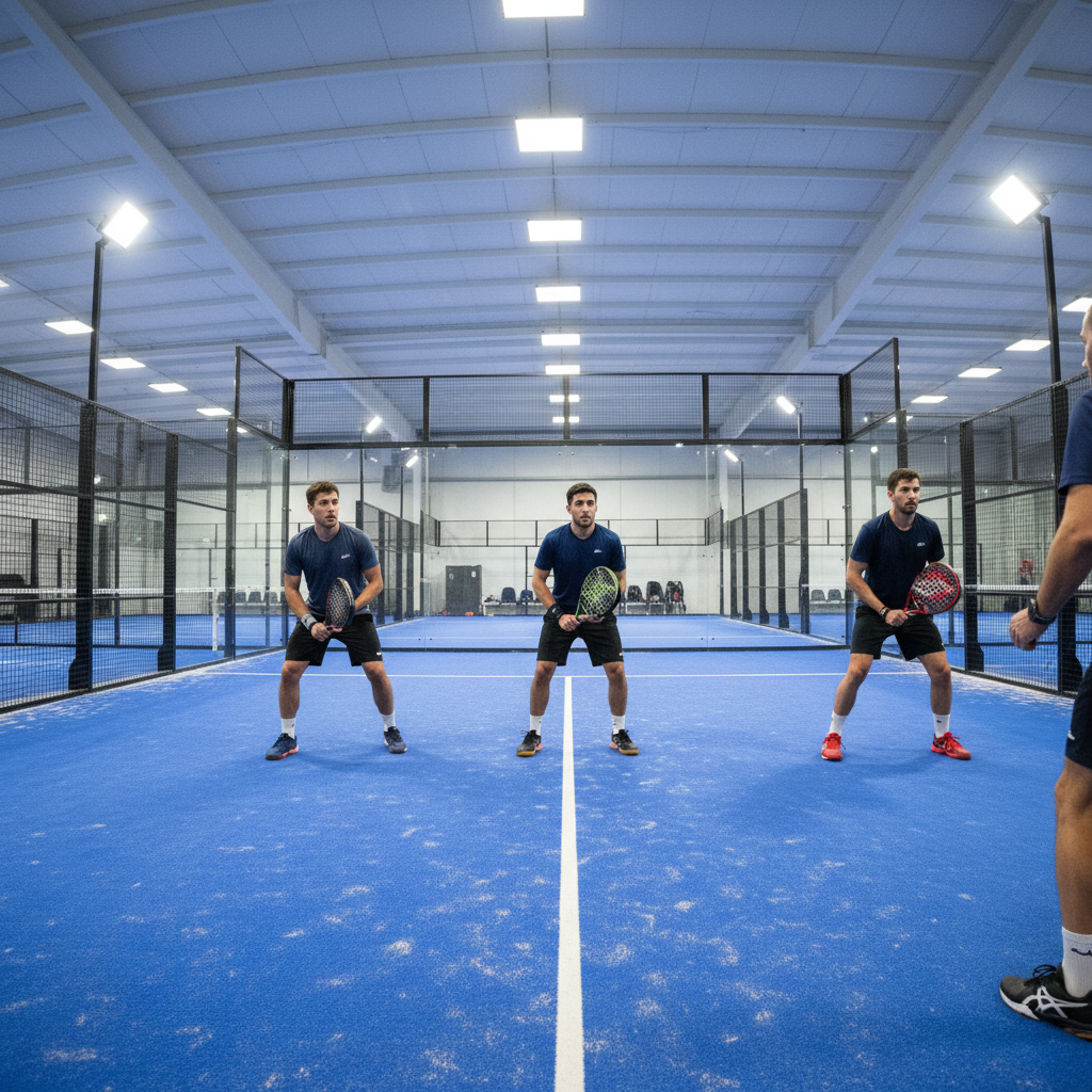 Padel players in beginner stance before coaching, uncertain positioning on indoor court
