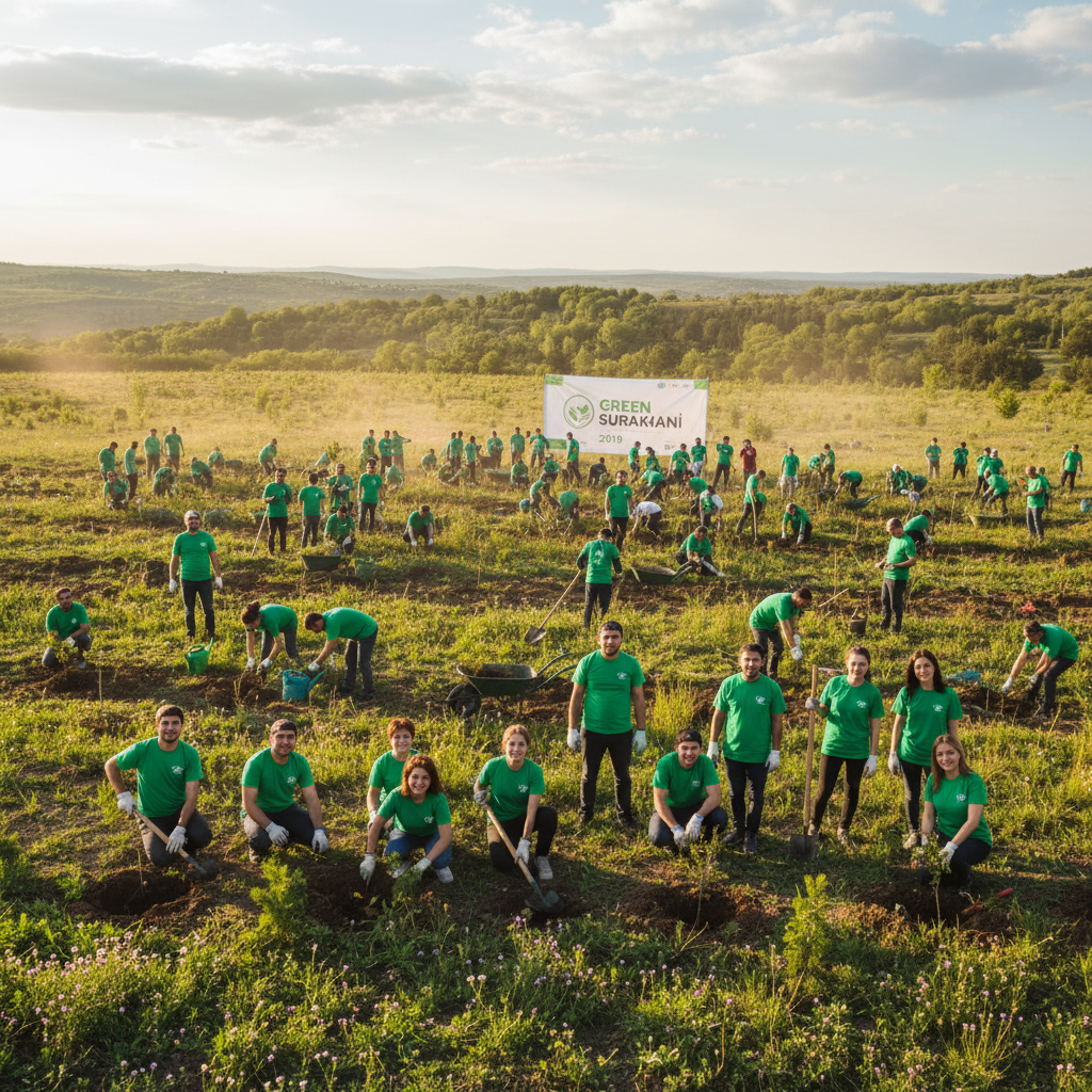 Young volunteers planting trees in a neighborhood park, bright natural light, earthy tones