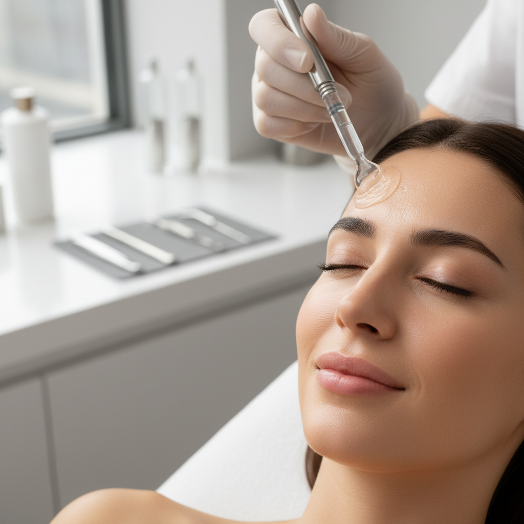 Close-up of a woman receiving a gentle filler injection treatment in a pristine luxury clinic with soft ambient lighting