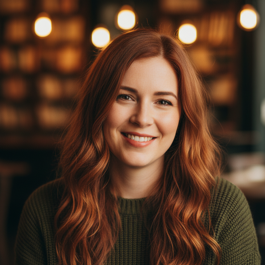 Portrait of Sophie Beaumont, creative director with auburn hair in elegant studio setting with warm ambient lighting