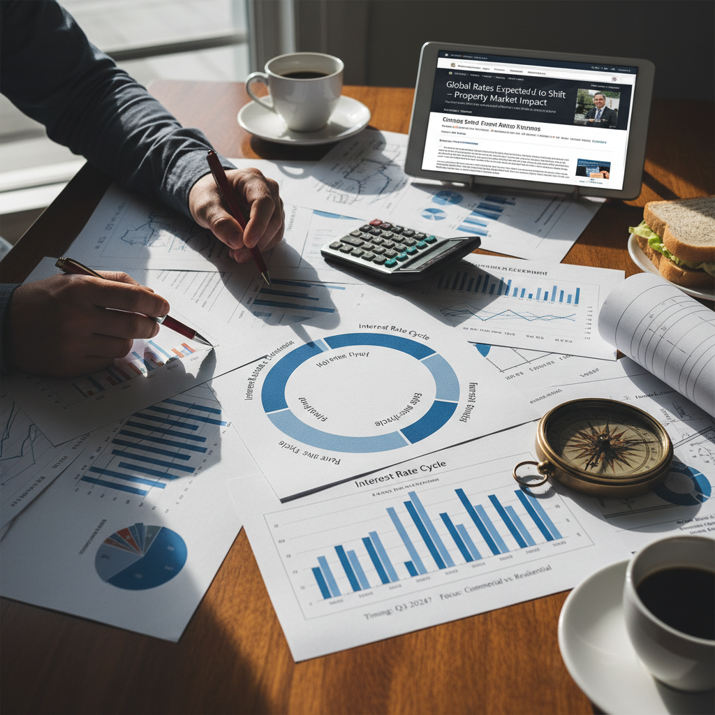 Property finance documents and interest rate charts on a desk representing the decision-making process around timing property acquisitions in relation to interest rate cycles