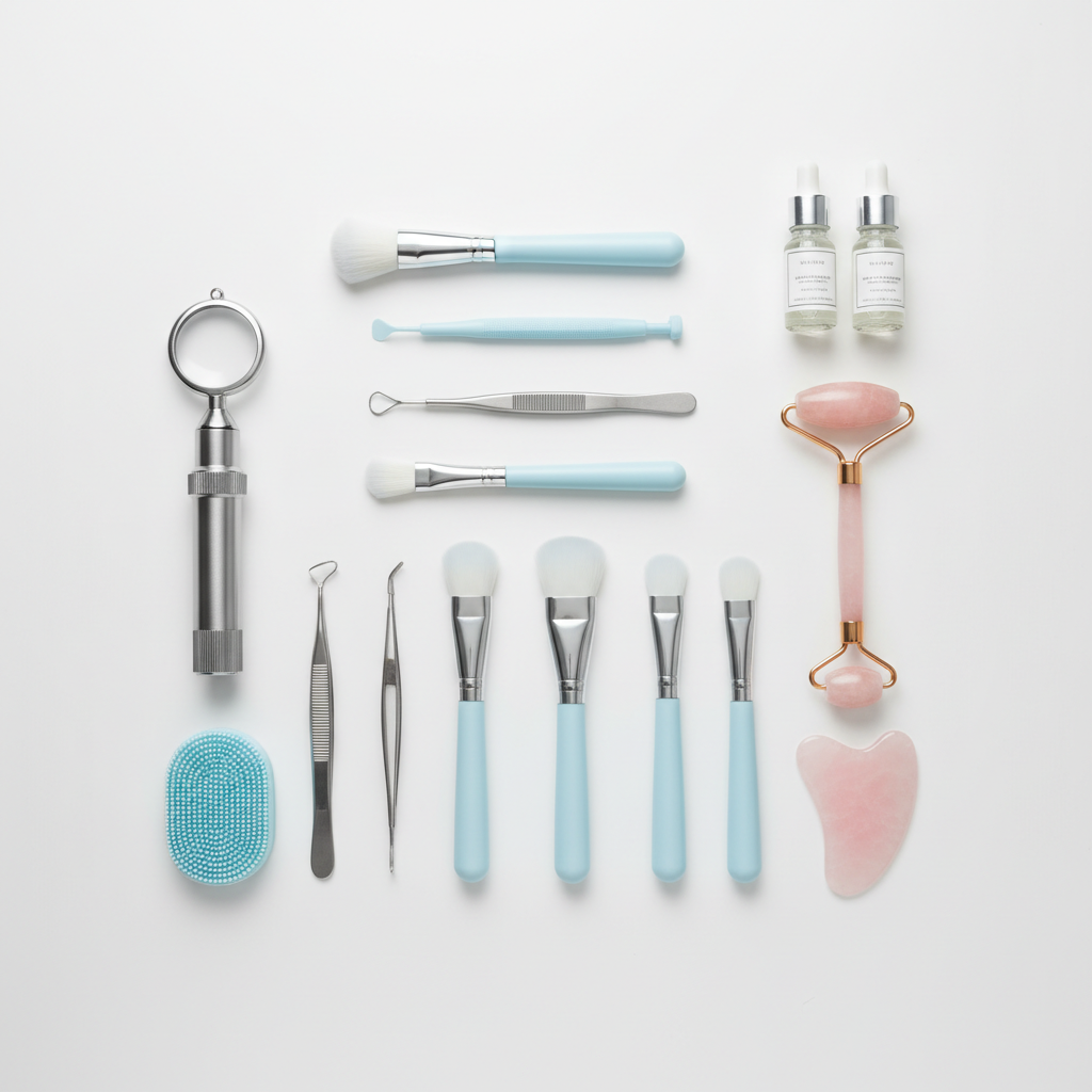 Luxury beauty accessories and tools on clean white background minimal editorial layout