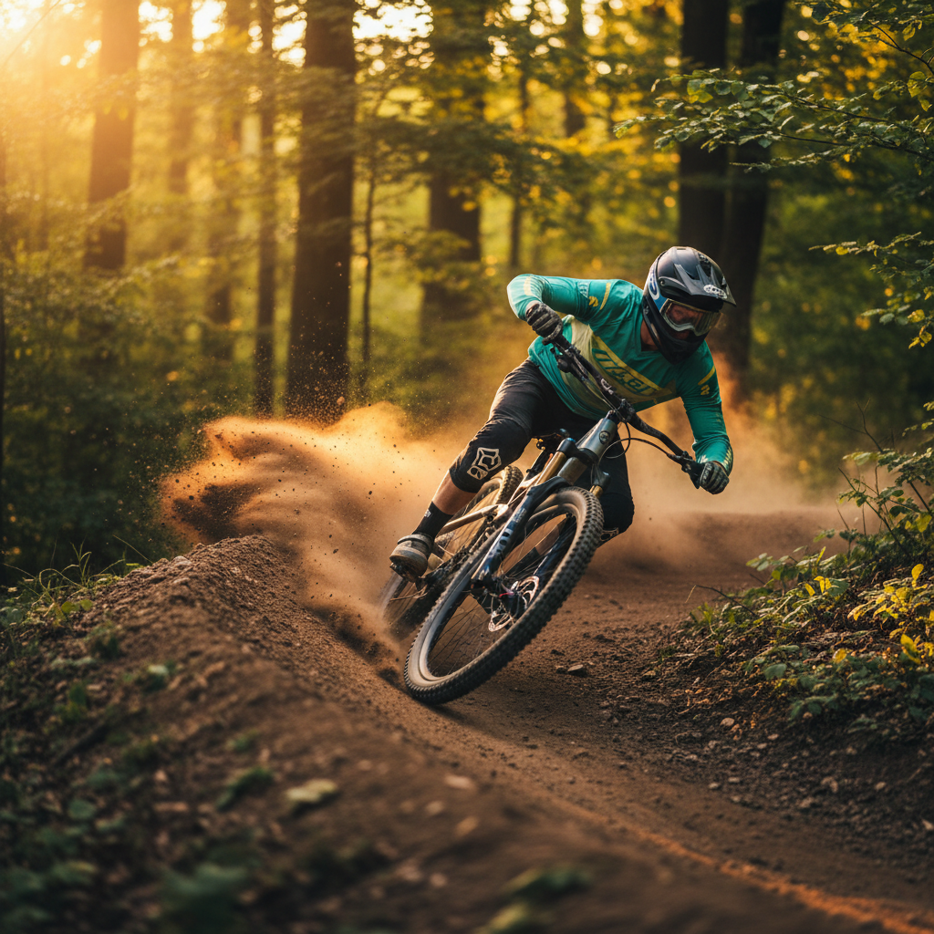 Mountain biker sending a berm mid-trail with dirt exploding off the front tire against deep green forest at golden hour