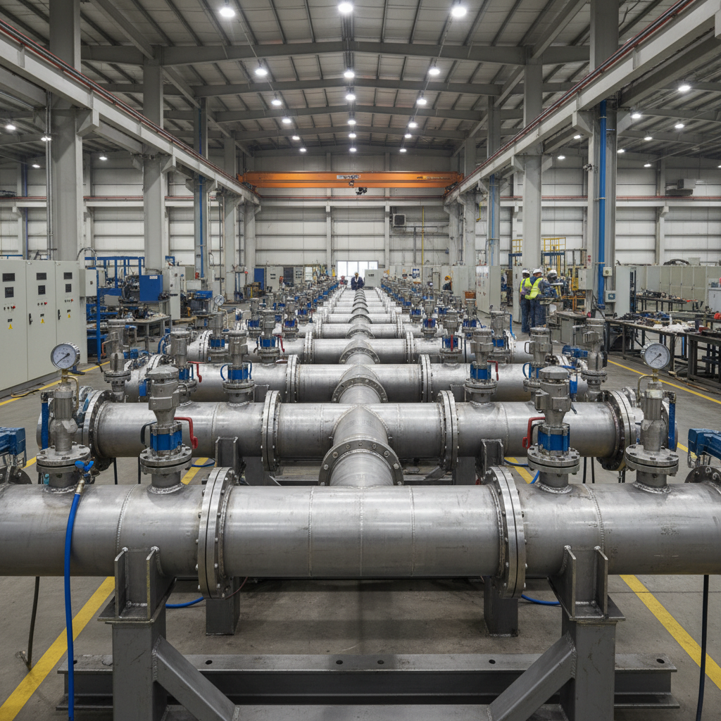 Fabricated steel pipe headers staged and ready for hydrostatic pressure testing