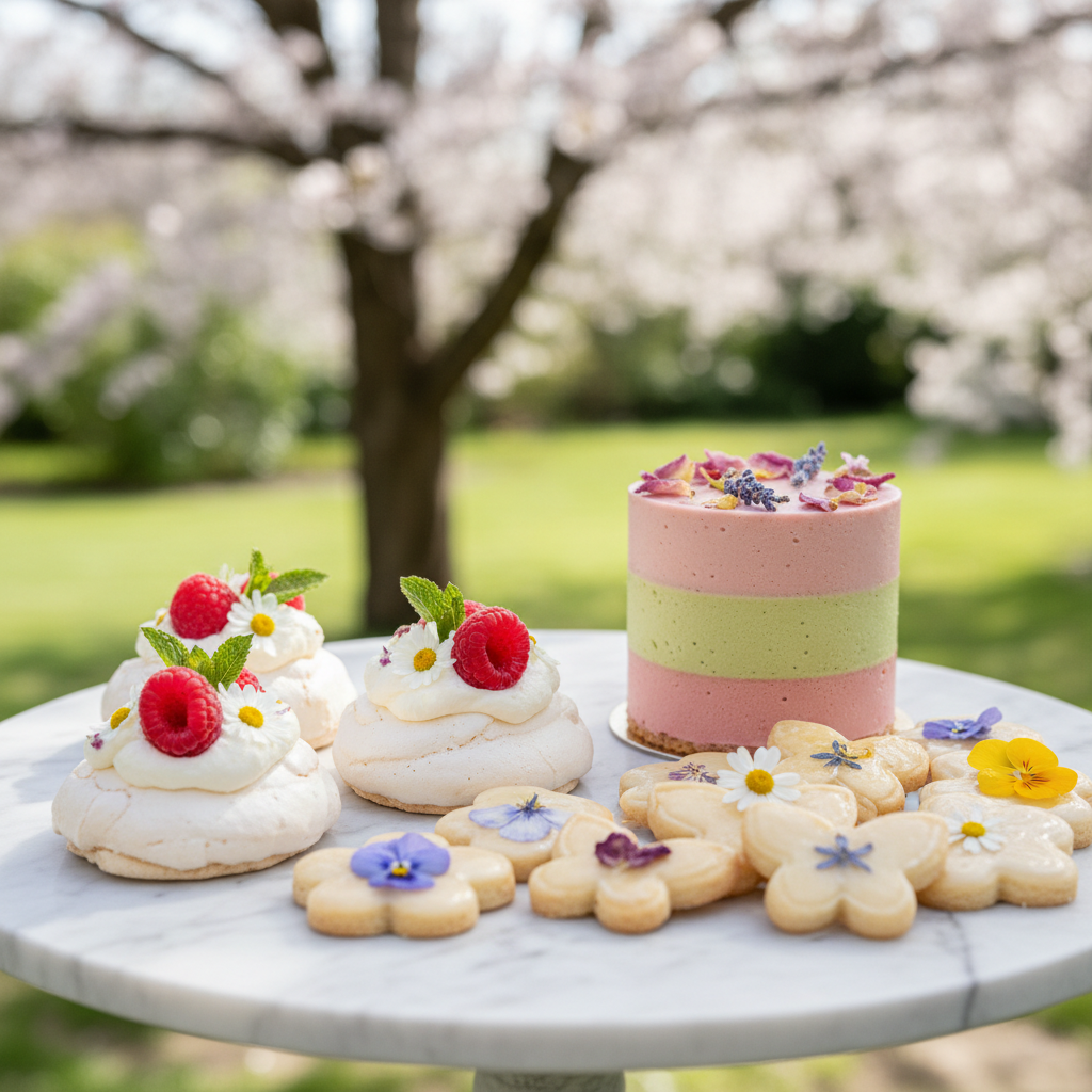 Spring rhubarb and elderflower dessert on marble surface with fresh flowers