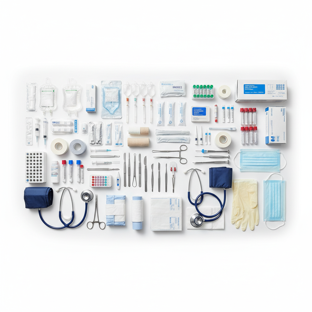 Professional medical equipment and supplies laid out in organized manner, hospital procurement setting, clean white background