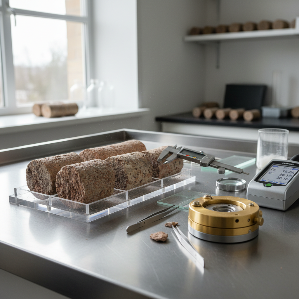 Mineral samples and geological core samples laid out in a mining laboratory for analysis