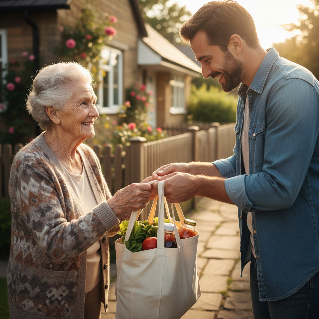 Elderly neighbor receiving groceries