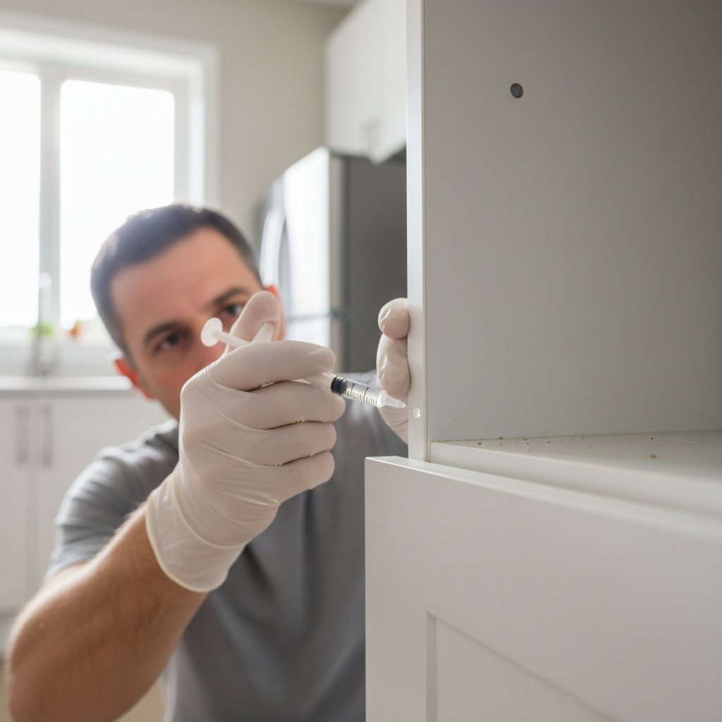 Professional pest control technician applying gel bait treatment in a kitchen