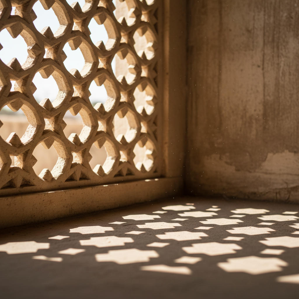 Close up of hand-carved jali stone screen with geometric patterns filtering light