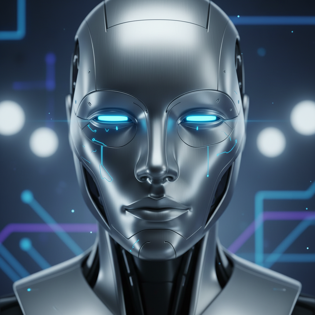 Futuristic AI robot with glowing blue eyes representing the NightDrive Guard AI Driving Guardian concept, dark atmospheric background
