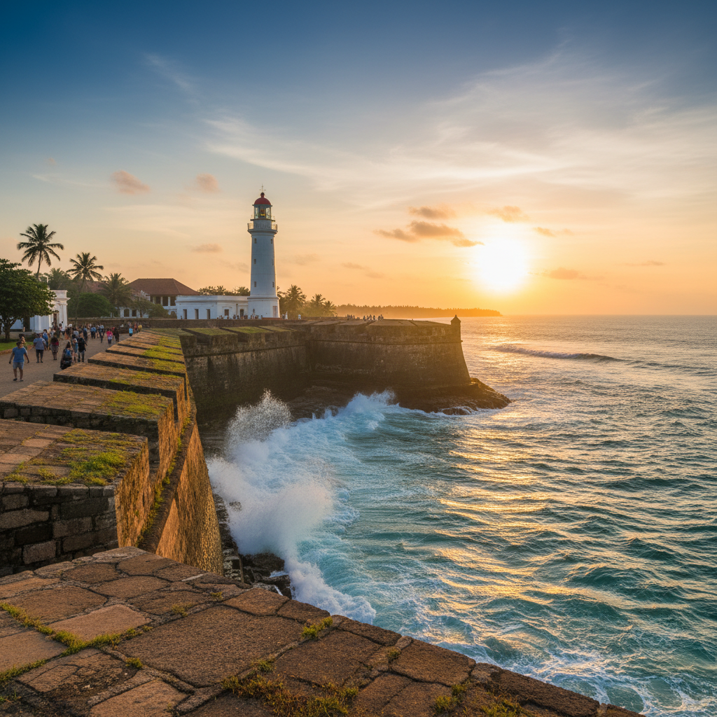 Galle Fort colonial walls at sunset, white lighthouse, Dutch colonial architecture, Indian Ocean waves crashing