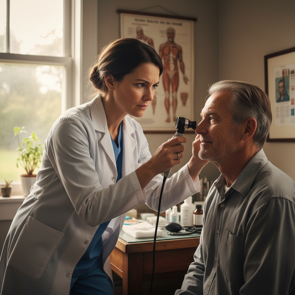Medical worker in white coat examining a patient in a bright rural health camp, clean environment