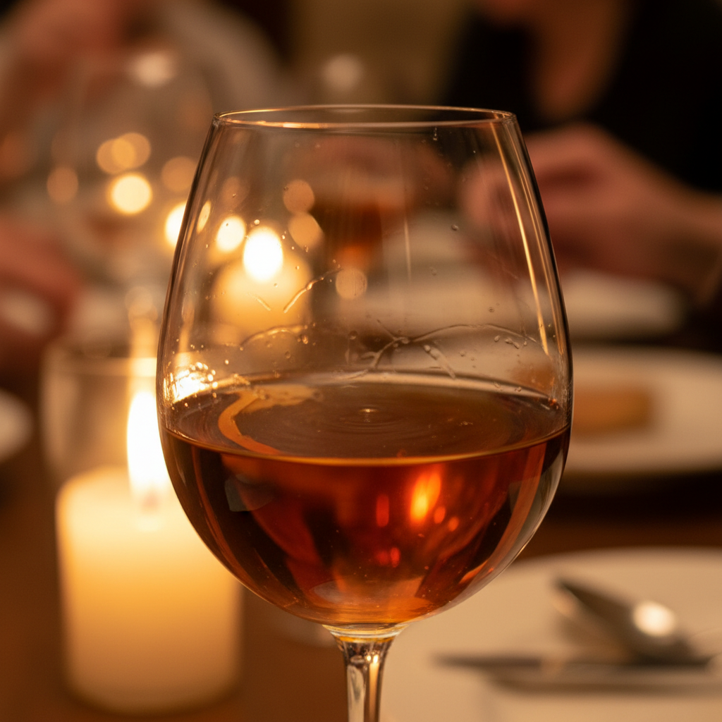 Stemless wine glass filled with deep amber sherry catching warm candlelight against a blurred background of a dinner party in full swing