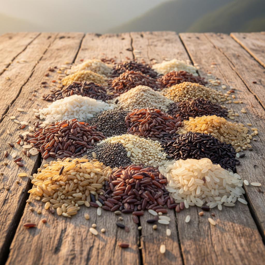 Various grains and rice varieties in wooden bowls arranged on a rustic surface with warm lighting