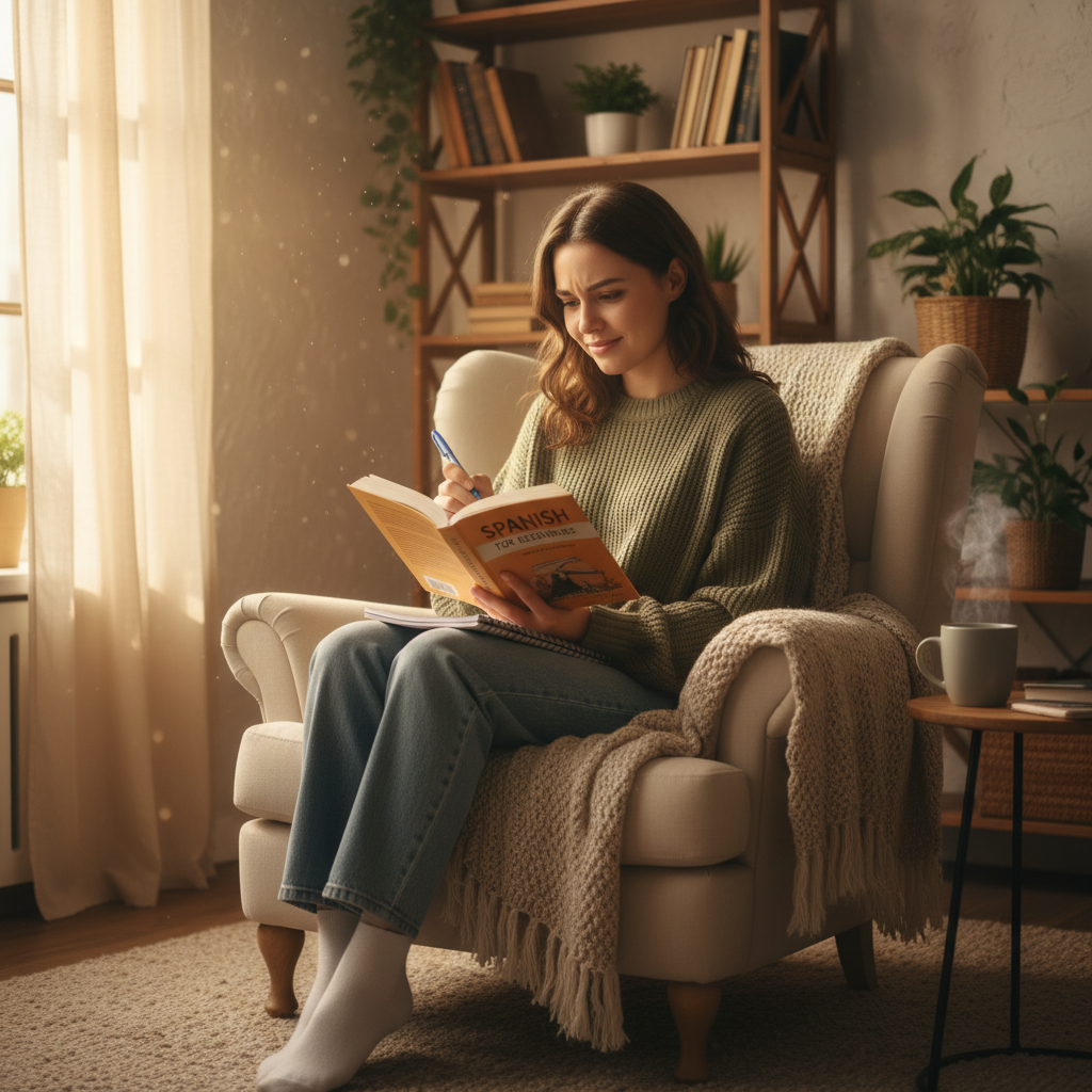 Woman studying Spanish at a bright desk, writing notes with focused expression in a warm, naturally lit room