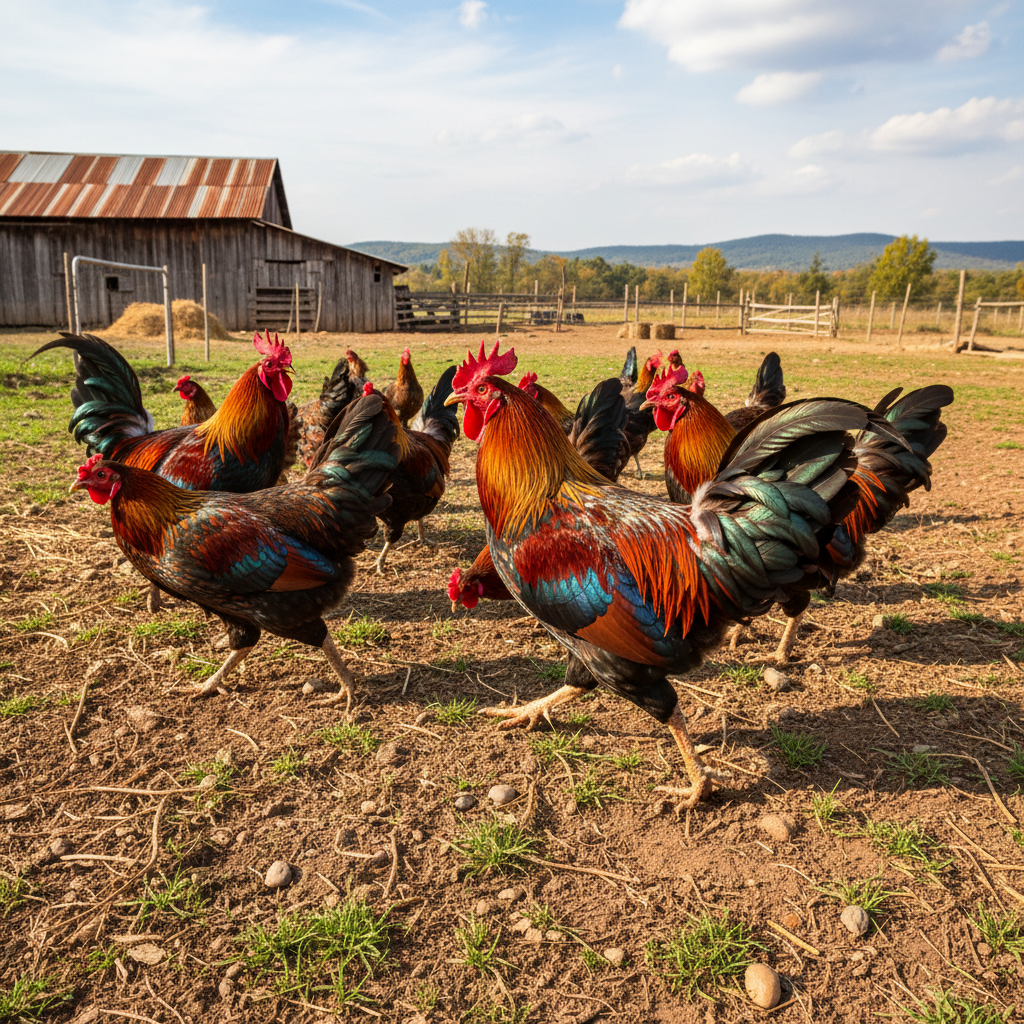 Farm animals in a sunny farmyard
