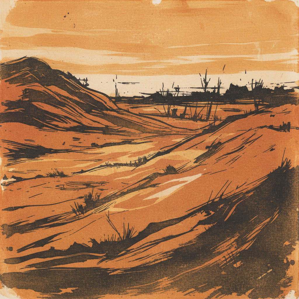 Monotype in warm ochre and black, gestural landscape on dampened paper