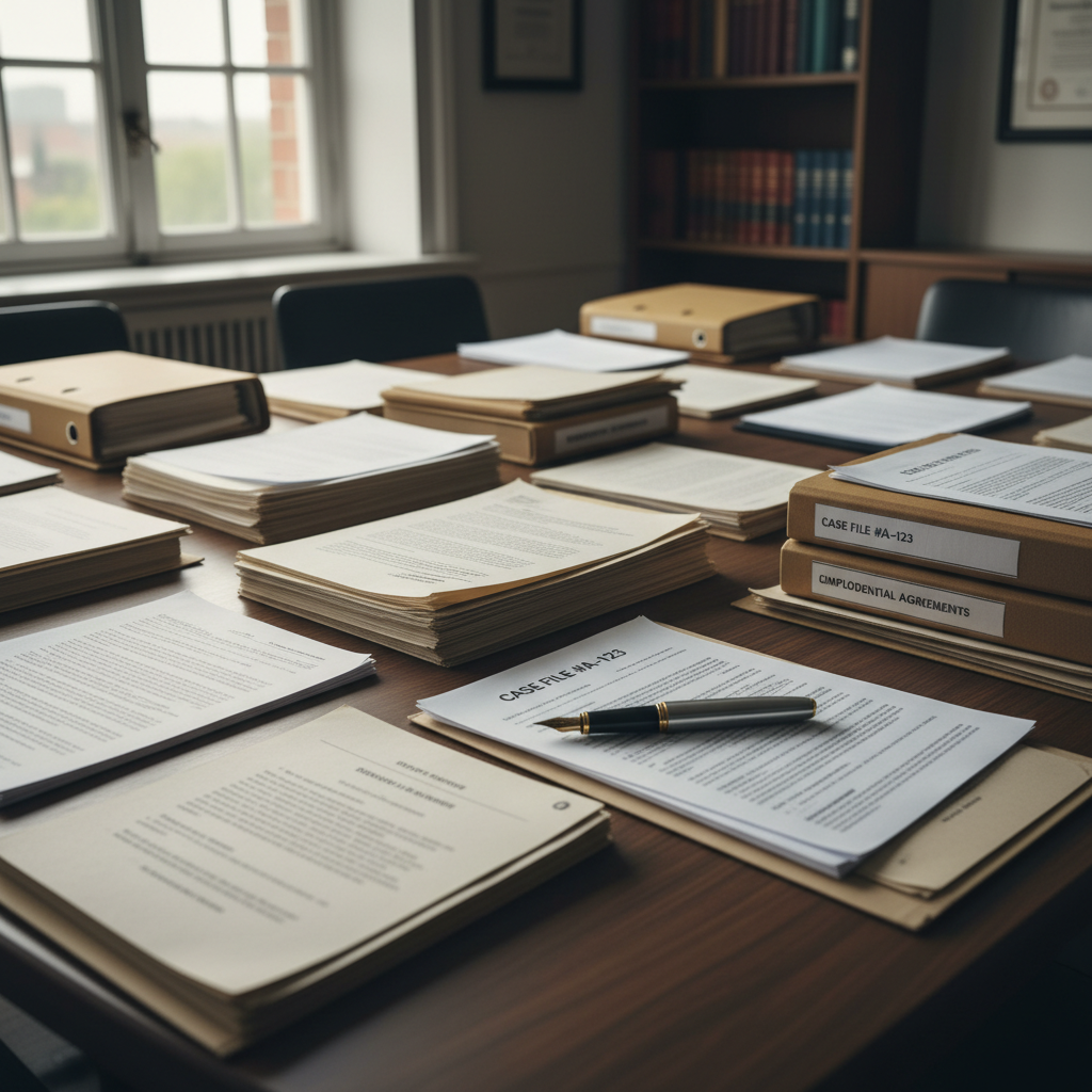 Legal documents and folders spread on a desk with a pen, representing case files and employment documentation evidence