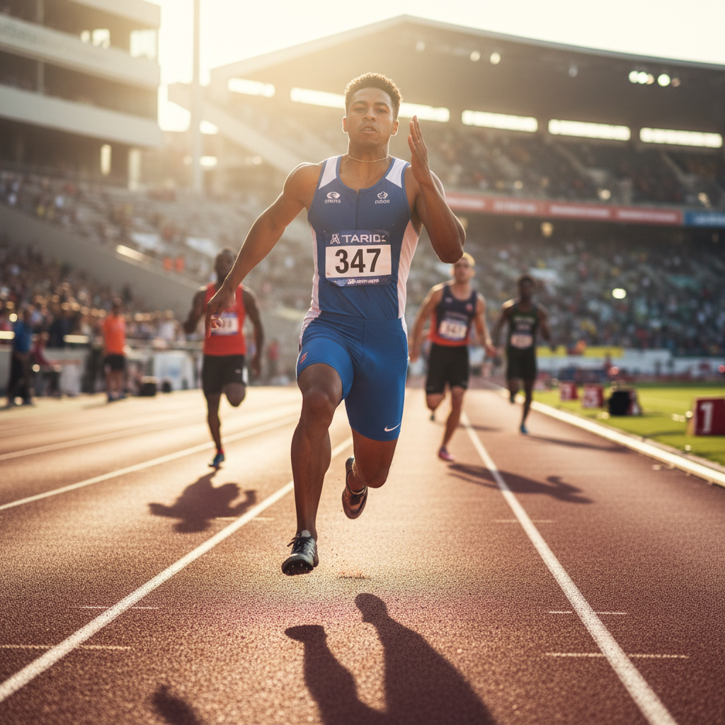 Athlete in full sprint mid-race on red polyurethane track