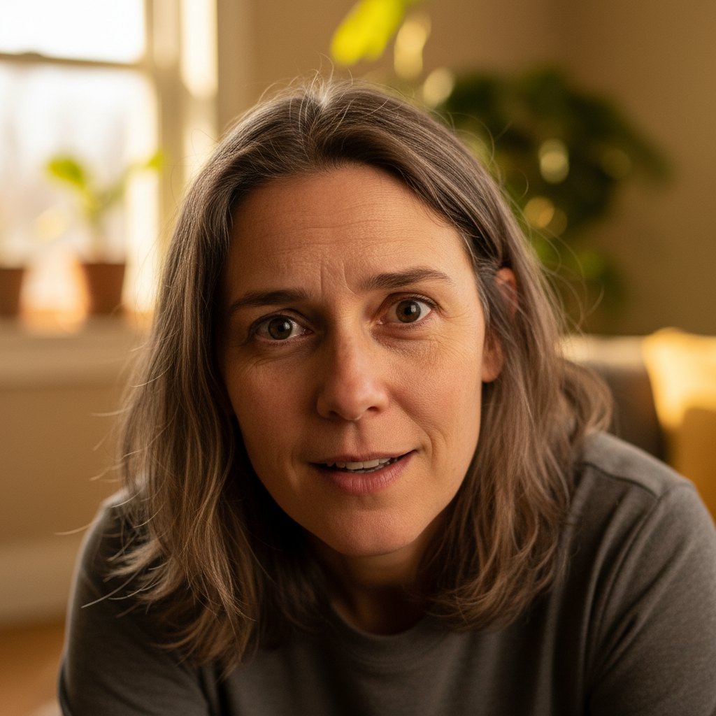 Person leaning forward with genuine curiosity during a one-on-one conversation, engaged and attentive expression