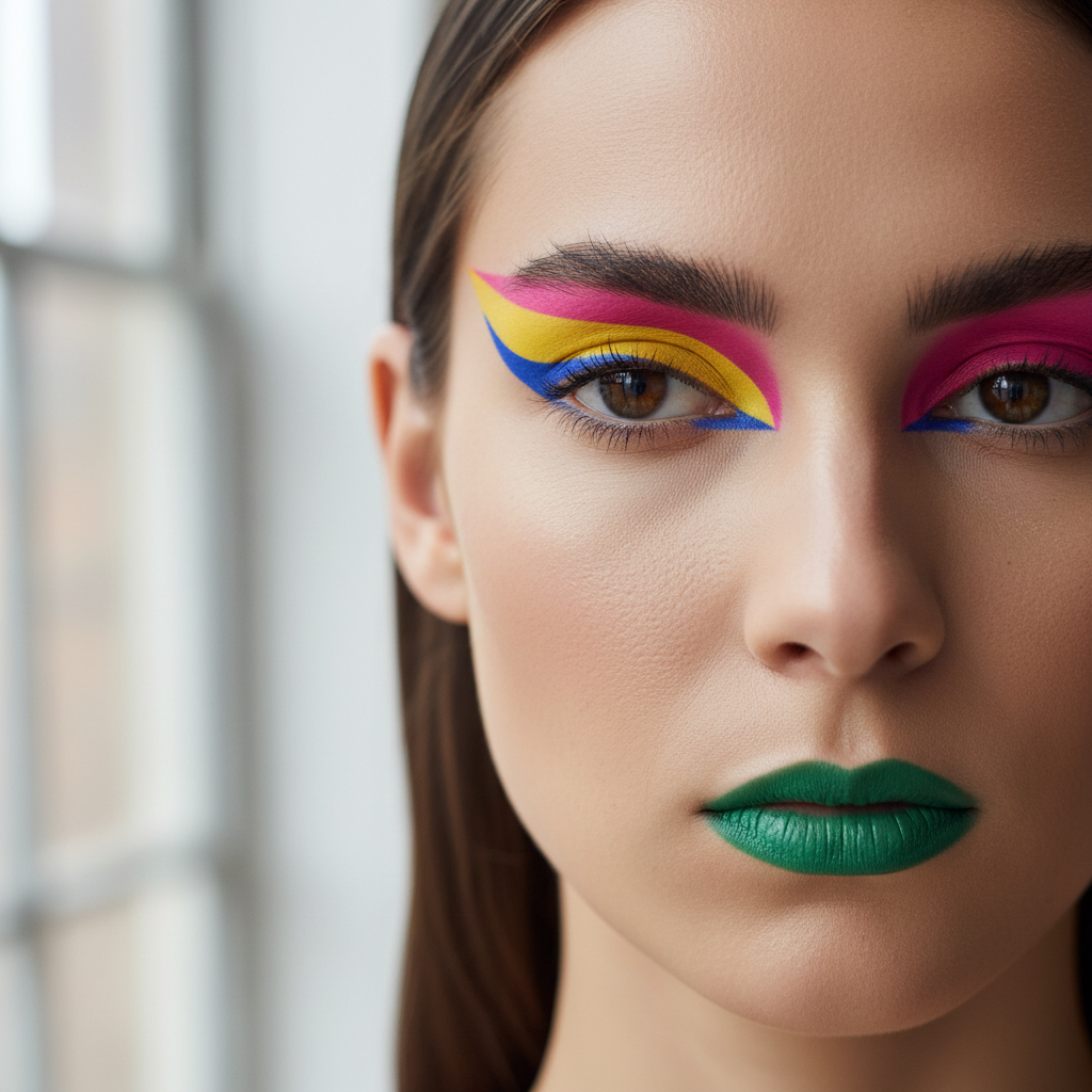 Monochrome editorial makeup with precise graphic liner and matte skin in black and white styling