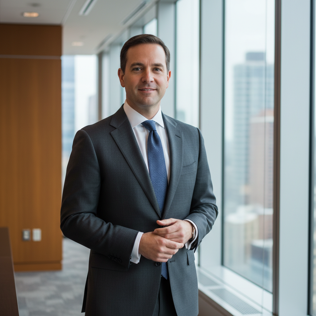 Executive in precisely tailored dark suit, confident posture, corner office setting