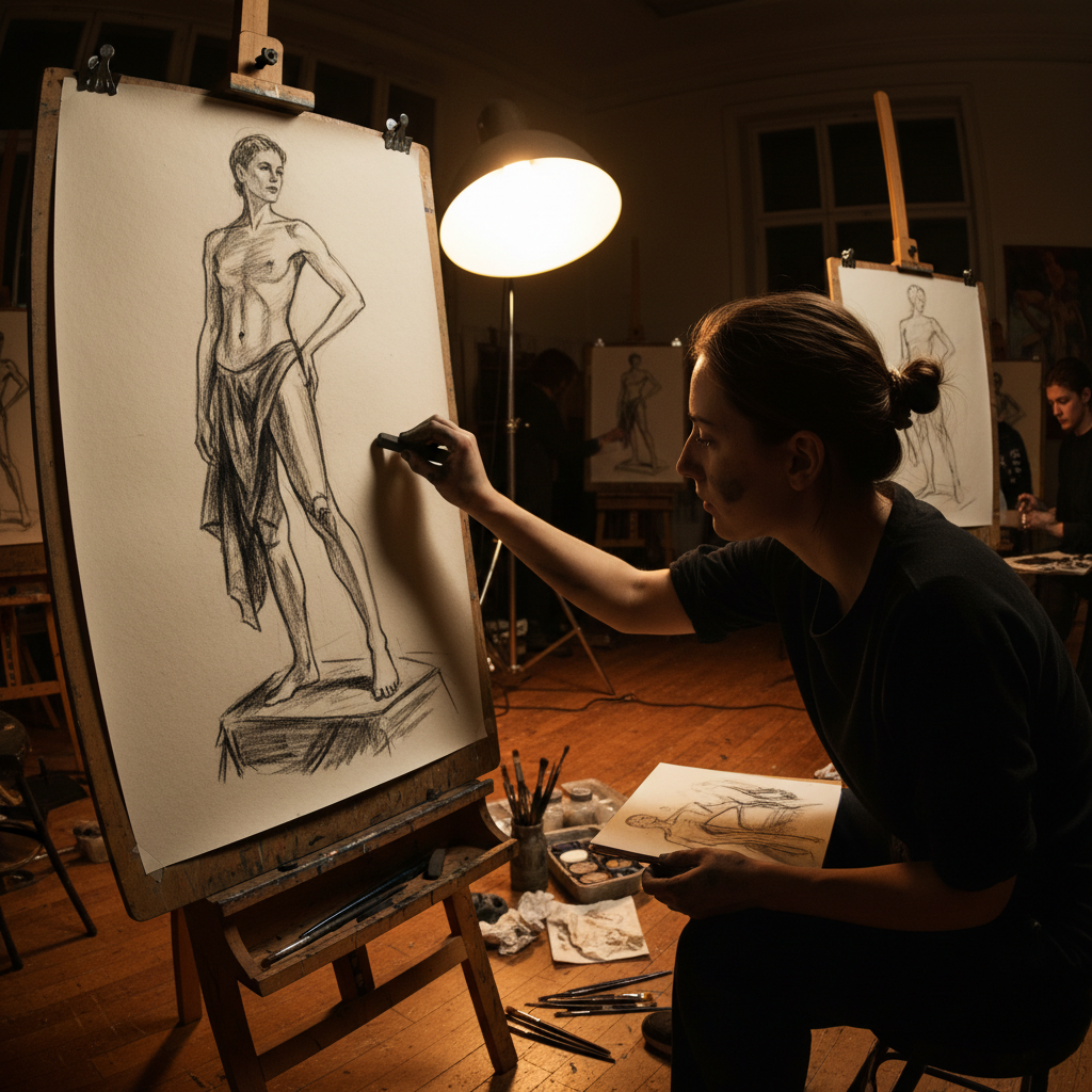 Artist sketching a life model with charcoal on large paper in an evening class