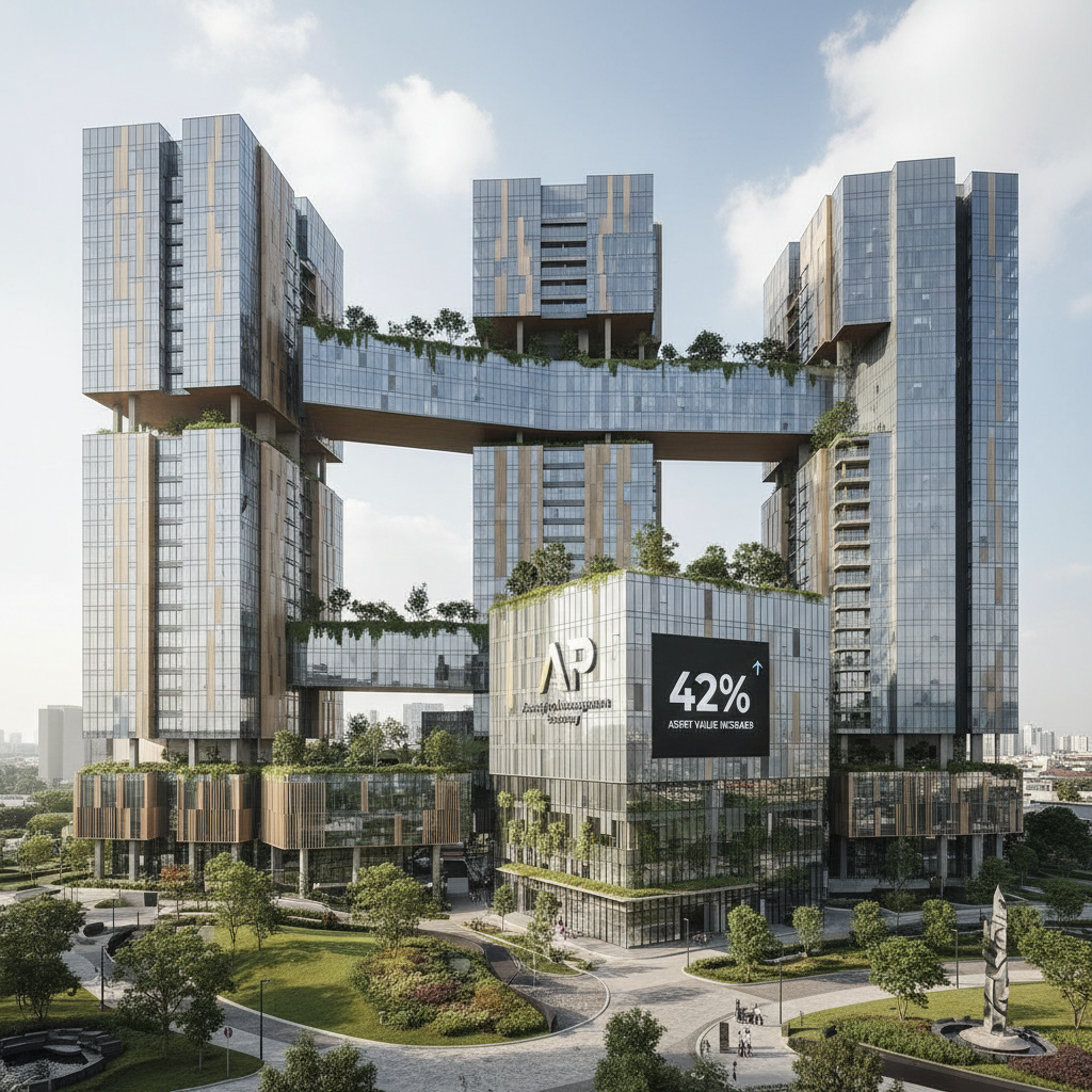 Futuristic architectural rendering of modern glass skyscrapers with sustainable design elements and green spaces