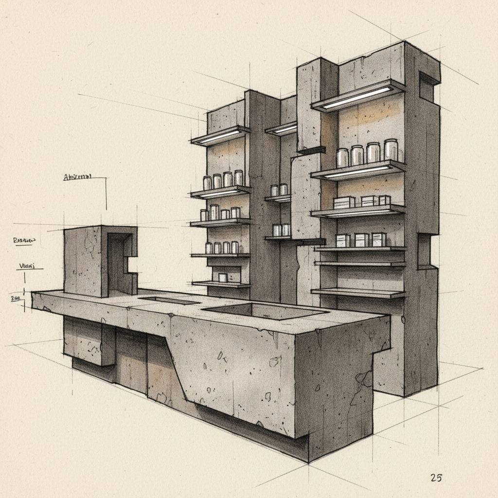 Architectural sketch of brutalist pharmacy counter design with concrete surfaces