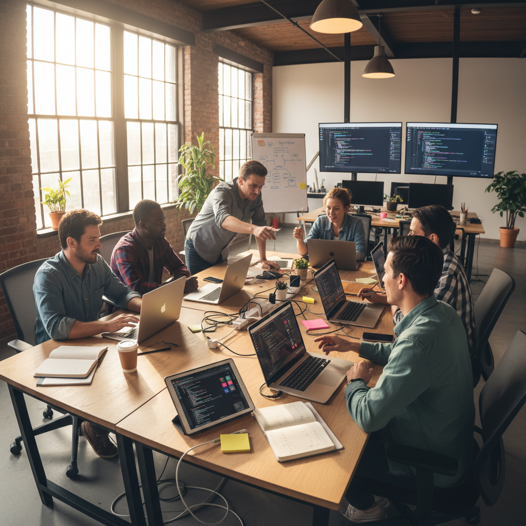 Software development team collaborating around laptop with code on screen in bright modern workspace