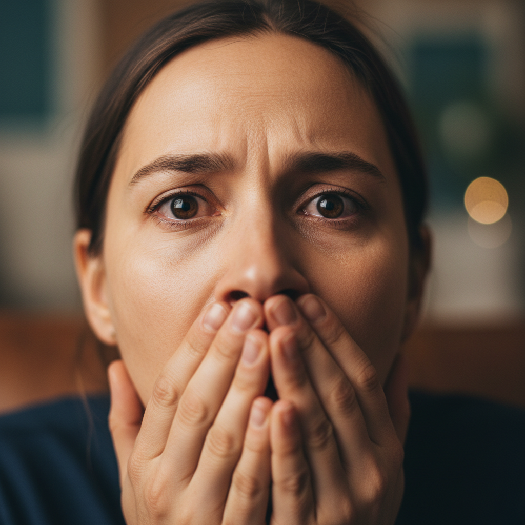 Viewer reaction close-up watching streaming premiere, hands over mouth in disbelief at plot twist