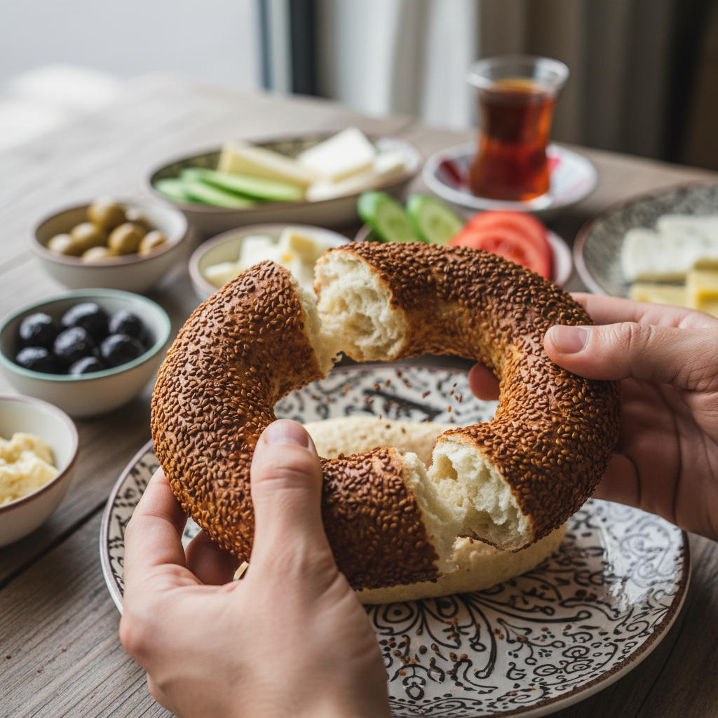 Hands tearing fresh simit bread at a Turkish breakfast table
