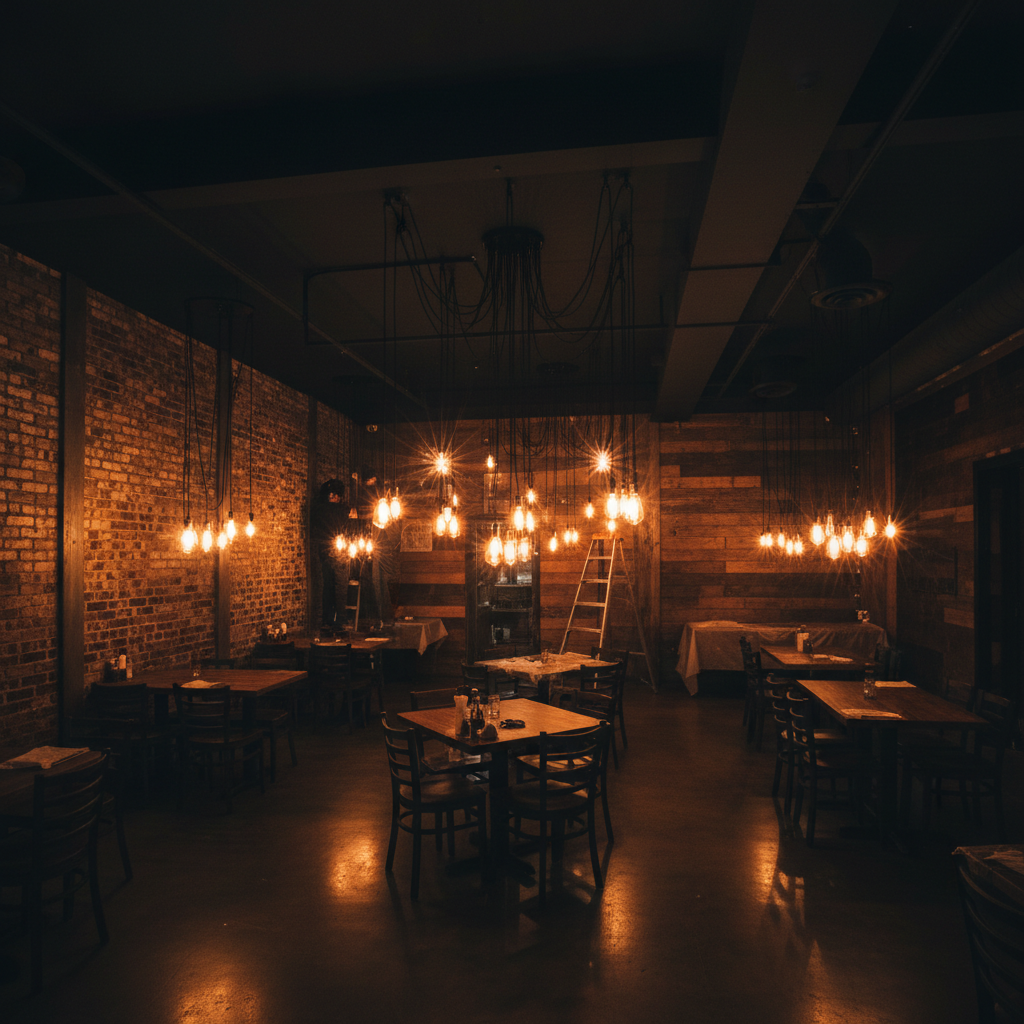Dark atmospheric restaurant interior with low lighting, dim shadows, moody cinematic setting