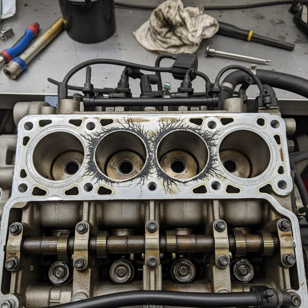 Engine valve cover removed showing carbon deposits on injector ports 3 and 5